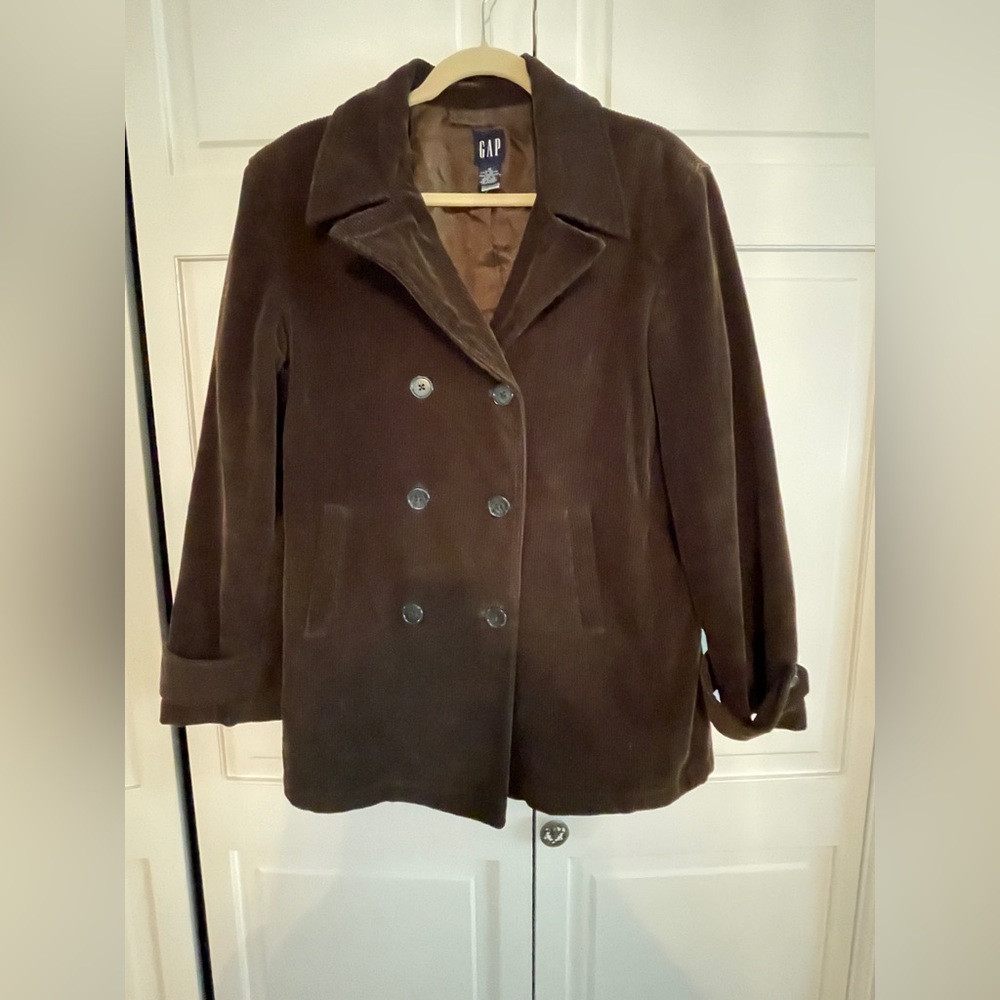 Gap courdouroy classic blazer coat olive medium, pea coat style, double button.